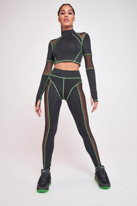 Green & Black High Neck Mesh Top