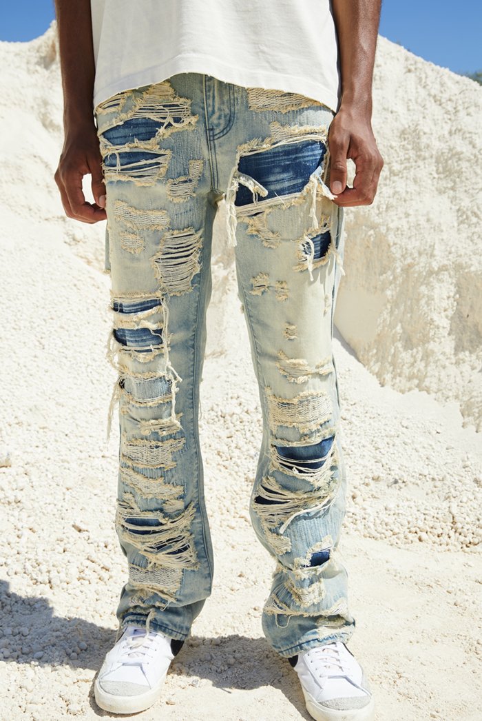 Blue Extreme Rip Pocket Jeans, Distressed Jeans